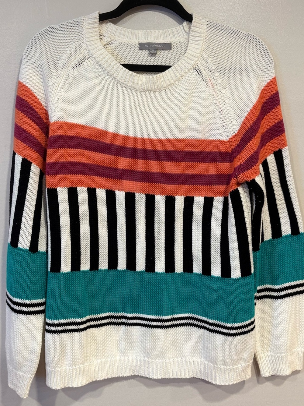 NY Collection Women’s Crew Neck Geometric Knit Color Block Sweater Medium